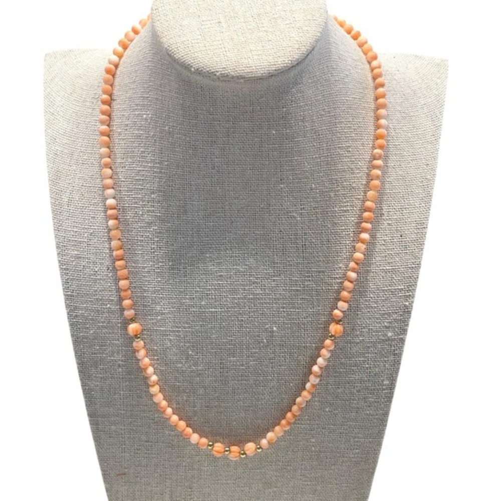 Vintage 14K Gold‎ Clasp Salmon Coral Bead Necklace 18" Ribbed Accent Beads 11g